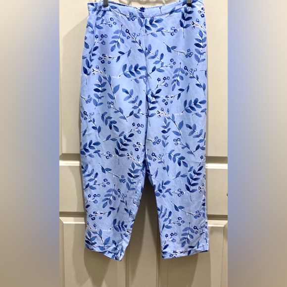 Tsunami Blue Floral Leaf Print Linen Blend Coastal Chic Pants Size 10 - Picture 1 of 13